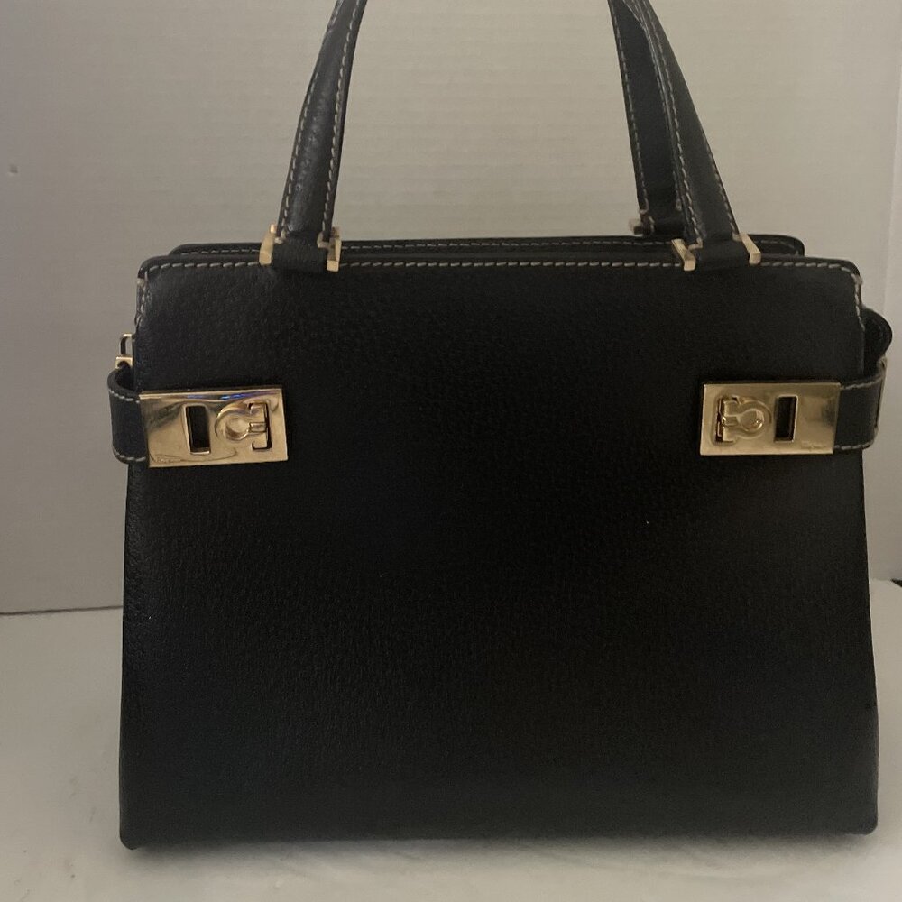 Salvatore Ferragamo Gancini Hand Bag Leather 2way Black Auth